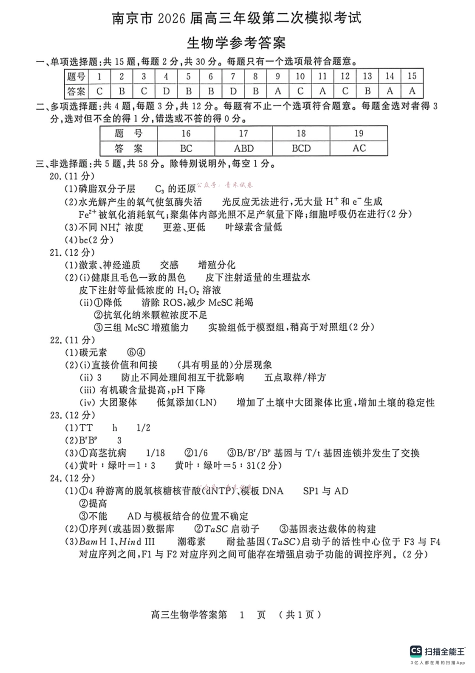 南京市2026届高三年级第二次模拟考试生物答案.pdf_第1页
