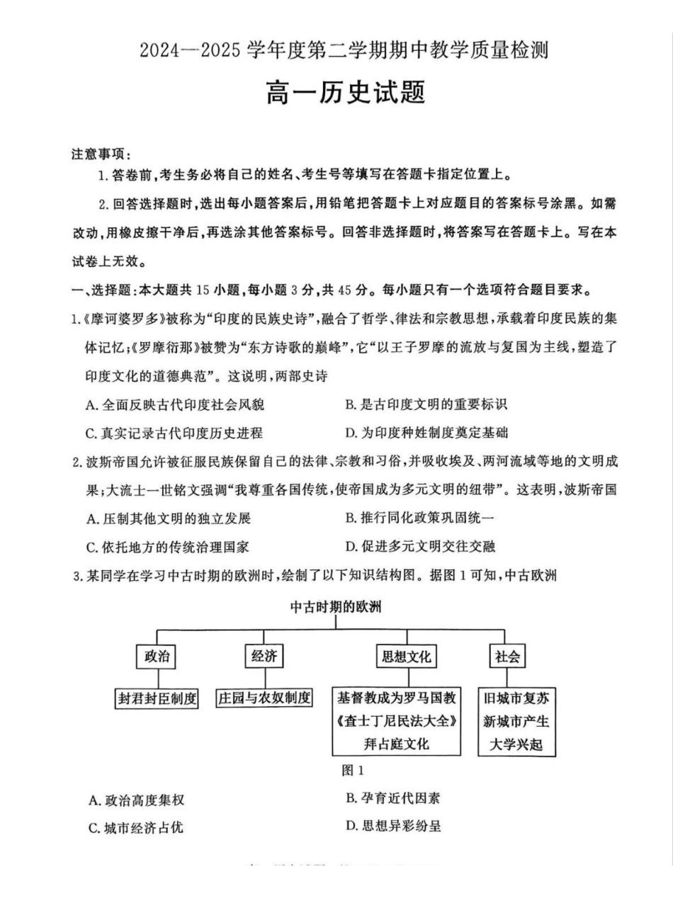 山东聊城市2024-2025学年高一下学期期中考试历史含答案_副本.pdf_第1页