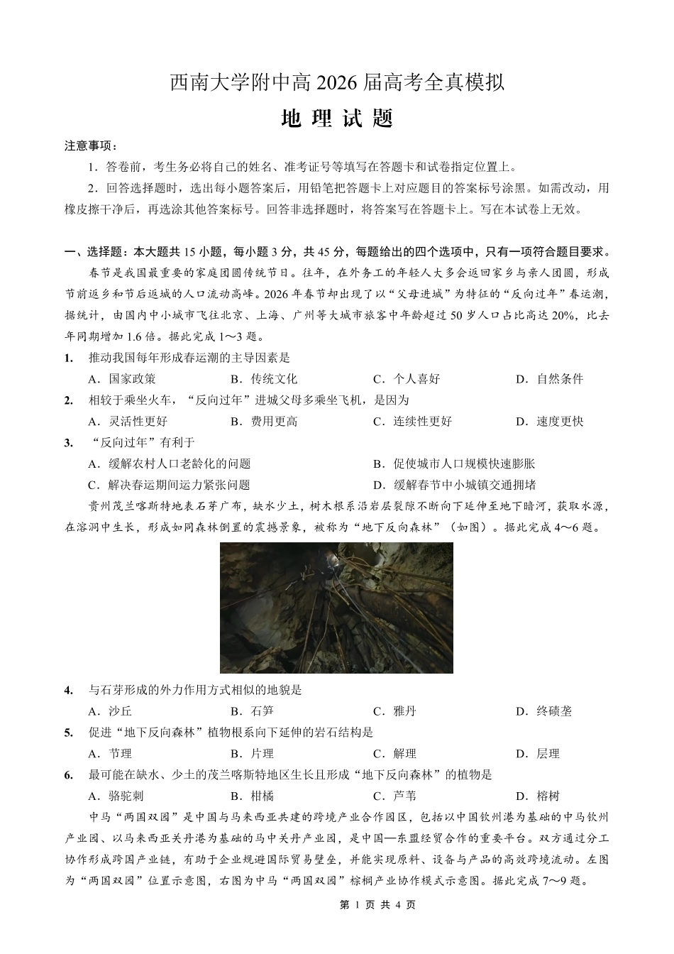 西南大学附中高2026届高考全真模拟试题地理_副本.pdf_第1页