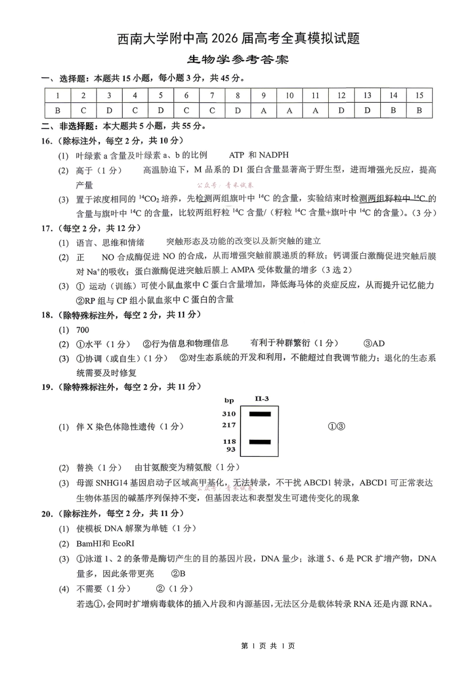 西南大学附中高2026届高考全真模拟试题生物答案.pdf_第1页