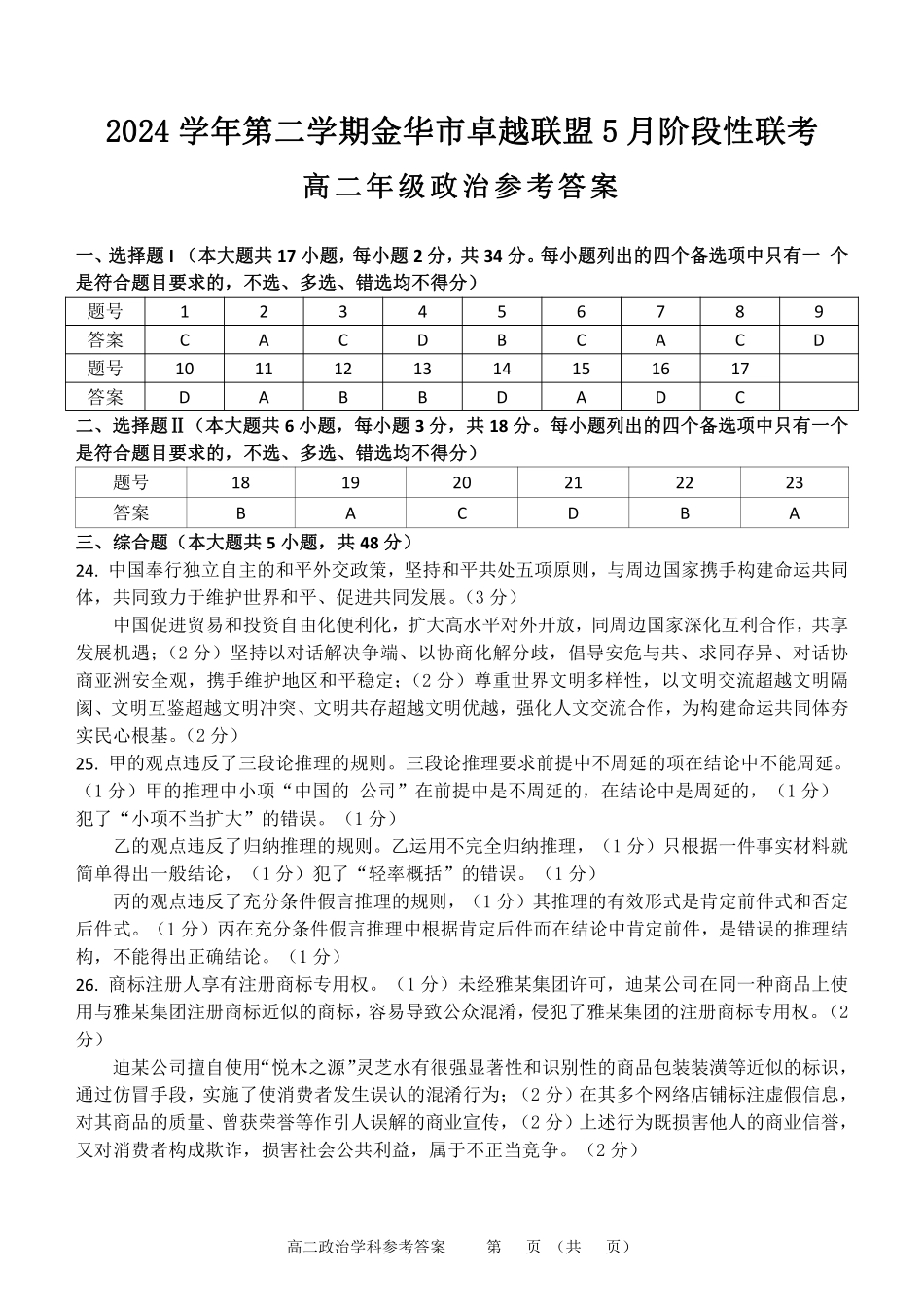 浙江金华市卓越联盟2024-2025学年高二下学期5月阶段性联考政治答案.pdf_第1页