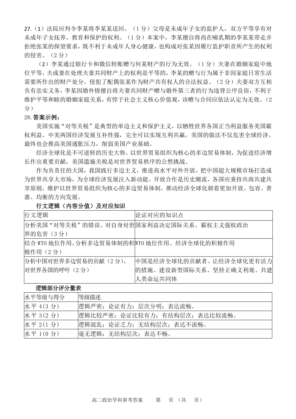 浙江金华市卓越联盟2024-2025学年高二下学期5月阶段性联考政治答案.pdf_第2页