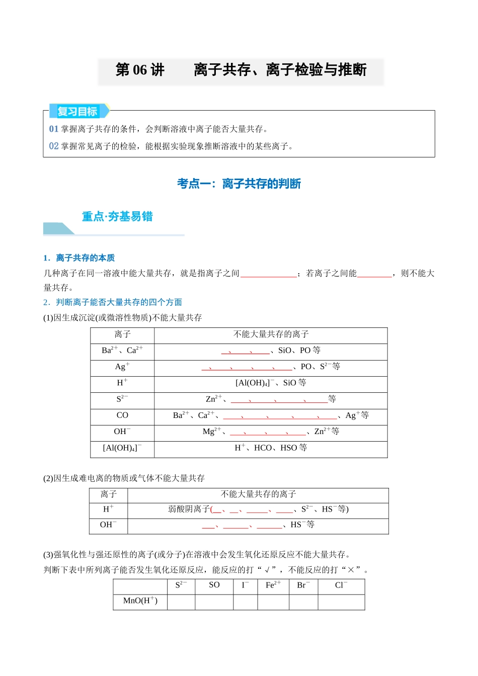 (重点·方法·点拨)第06讲 离子共存、离子检验与推断- (学生版).docx_第1页