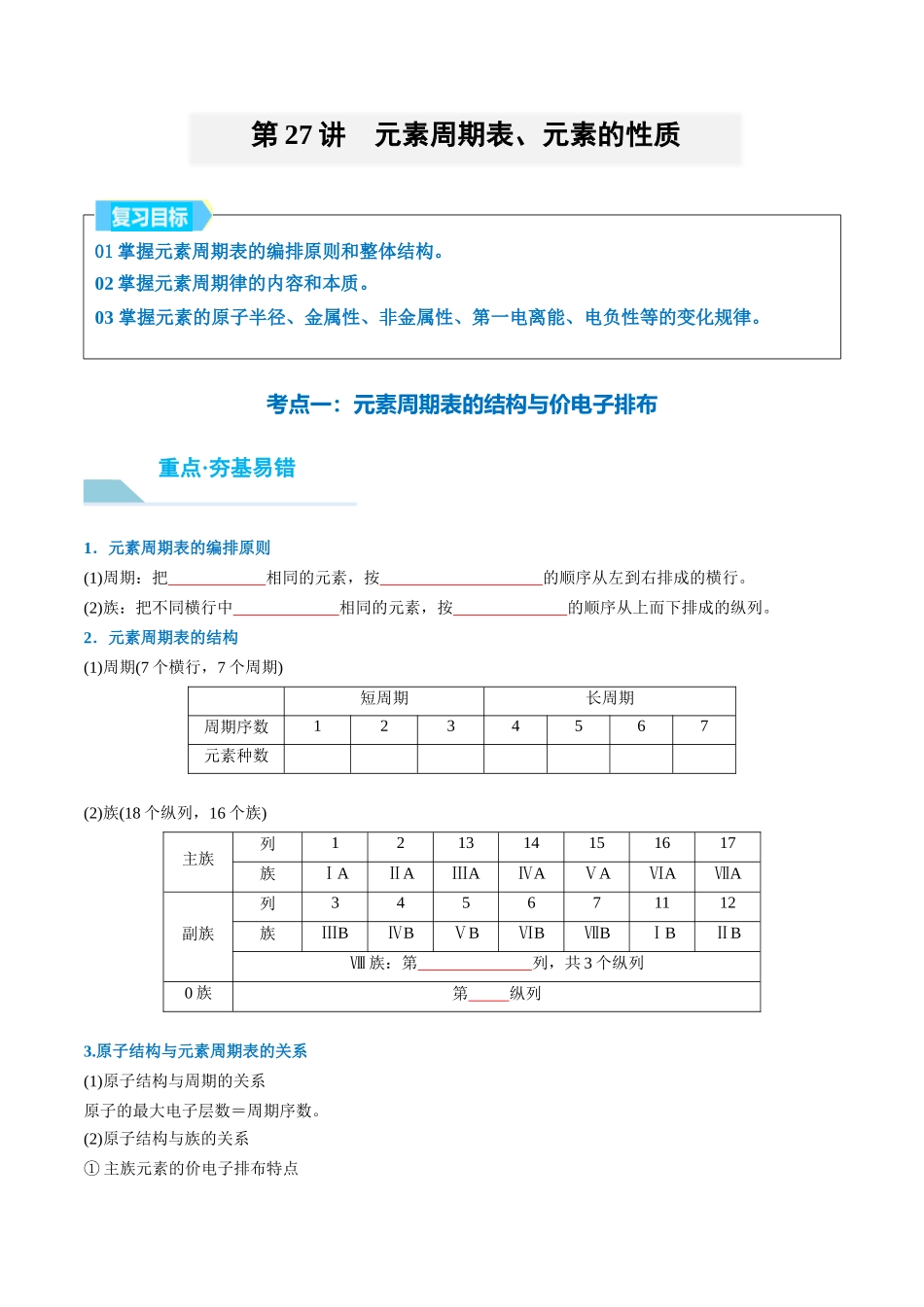 （重点·方法·点拨）第27讲 元素周期表、元素的性质- （学生版）.docx_第1页
