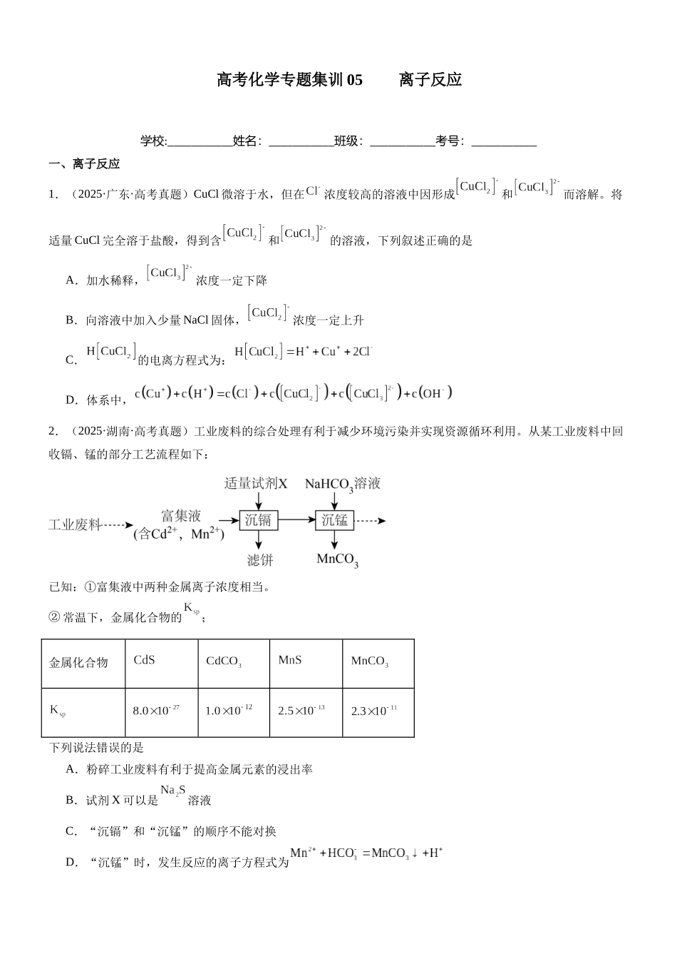 高三化学一轮复习 专题集训05     离子反应.docx_第1页
