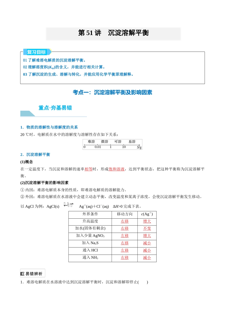 （重点·方法·点拨）第51讲 沉淀溶解平衡- （教师版）.docx_第1页