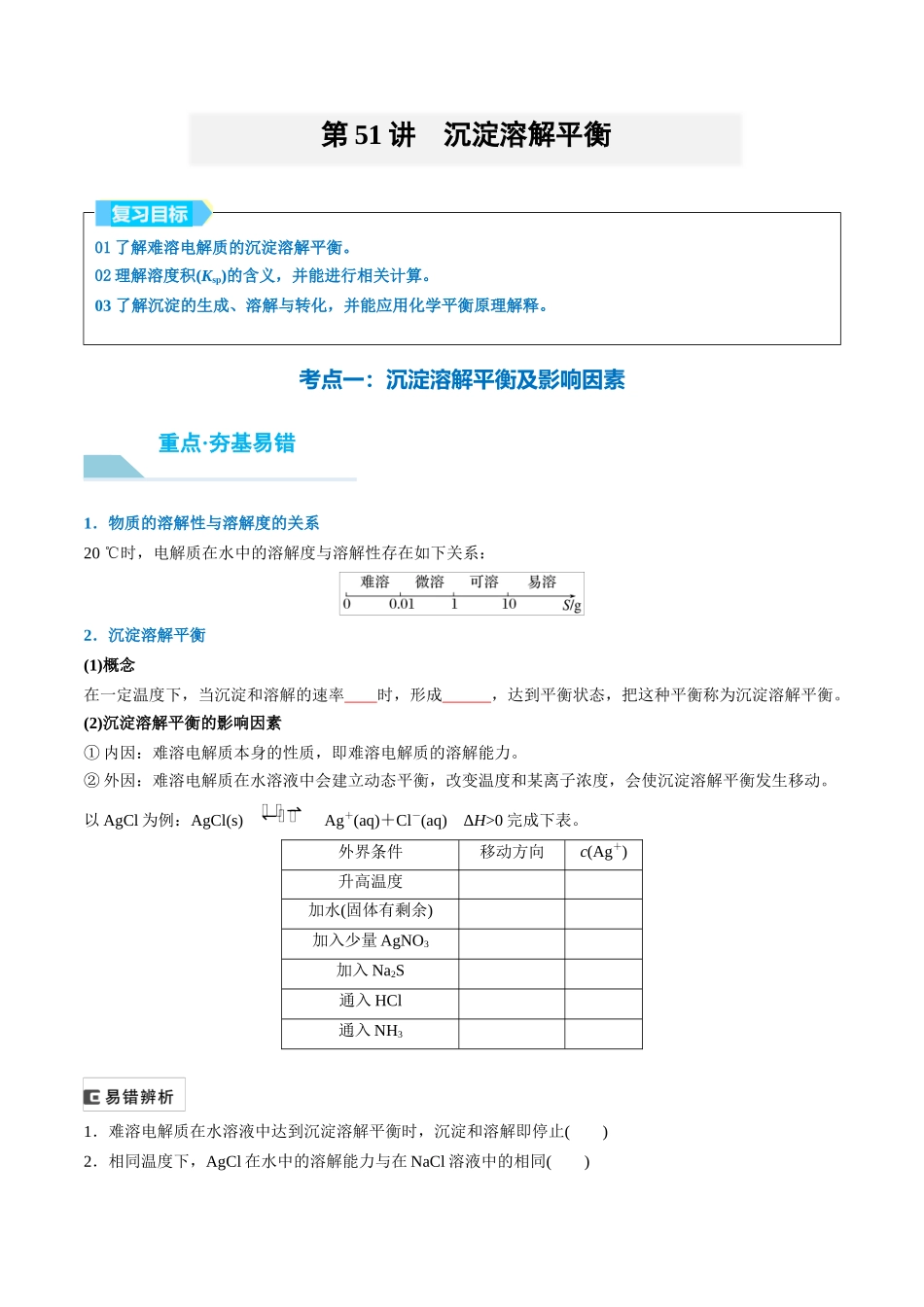 （重点·方法·点拨）第51讲 沉淀溶解平衡- （学生版）.docx_第1页