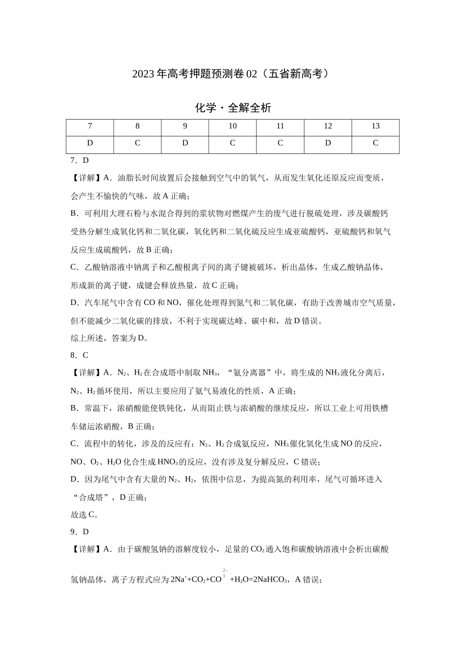 2023年高考押题预测卷02（云南，安徽，黑龙江，山西，吉林五省通用）-化学（全解全析）.docx_第1页