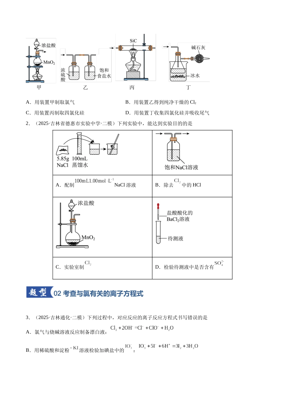 第01讲 氯及其重要化合物（专项训练）（黑吉辽蒙专用）（学生版）.docx_第2页