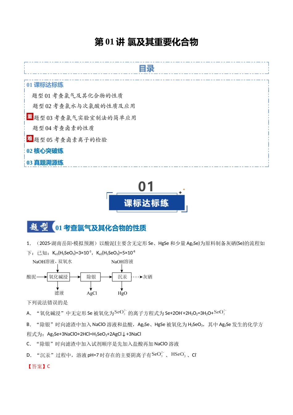 第01讲 氯及其重要化合物（专项训练）（湖南专用）（教师版）.docx_第1页