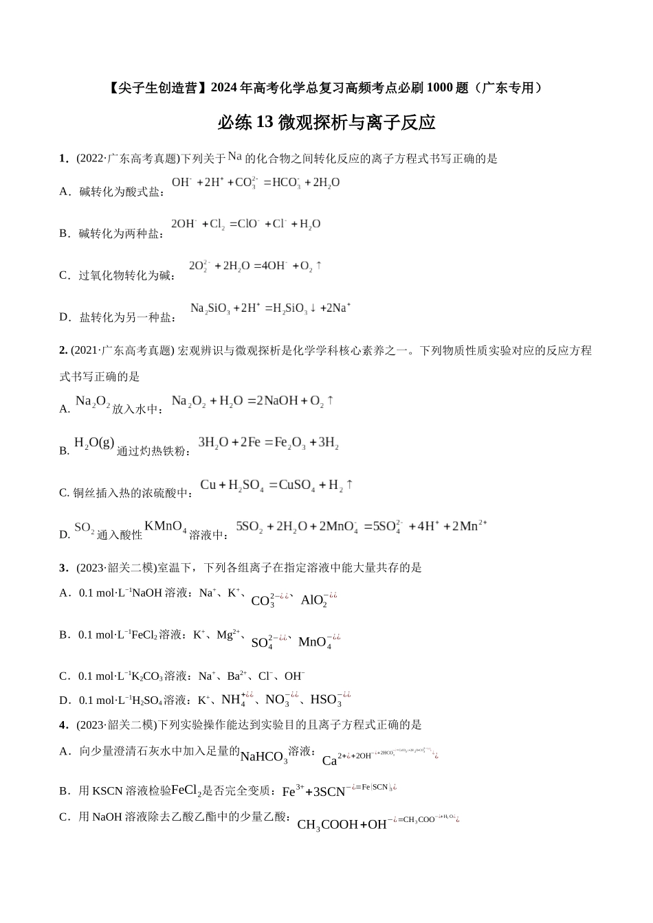 必练13 微观探析与离子反应-（广东专用）(原卷版).docx_第1页
