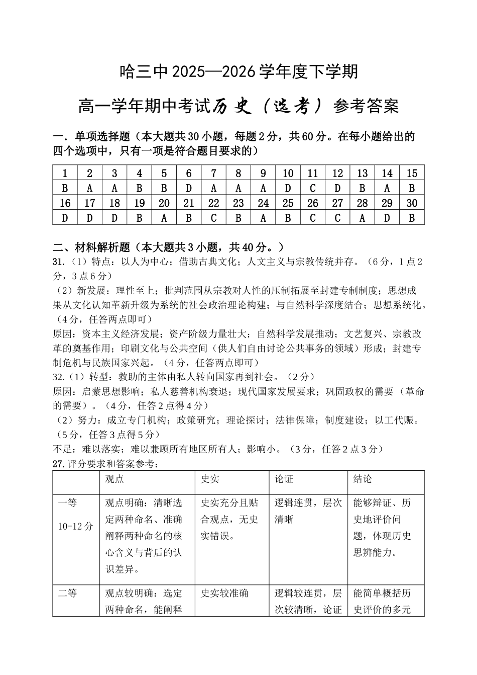 2025-2026学年度下学期高一学年期中考试历史答案.docx_第1页