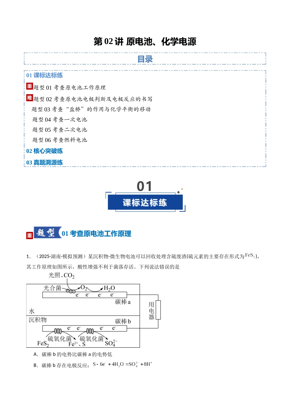 第02讲 原电池、化学电源(专项训练)(湖南专用)(教师版).docx_第1页