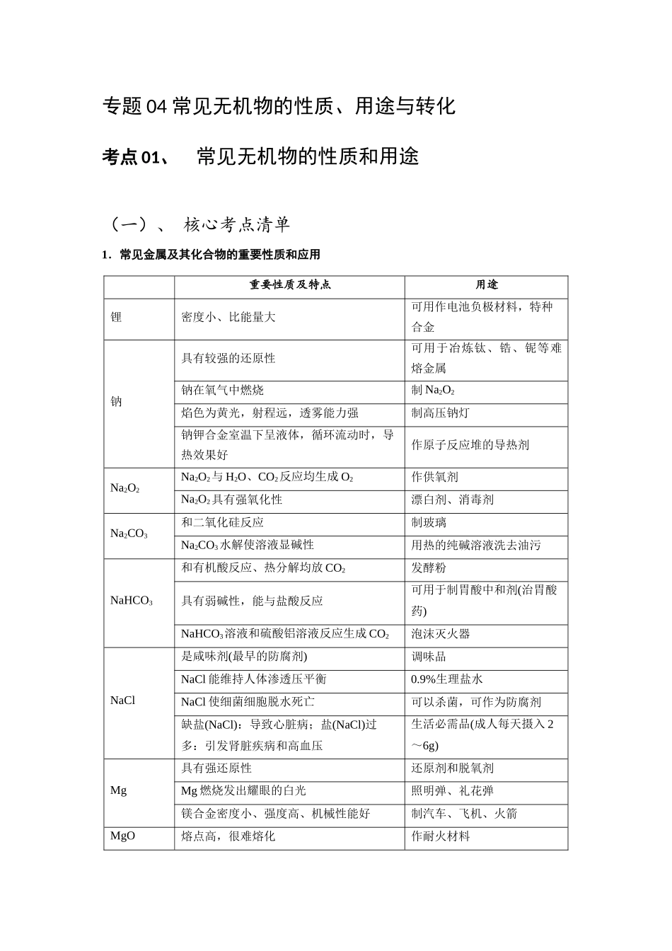 化学二轮复习专题04 常见无机物的性质.docx（原卷）.docx_第1页