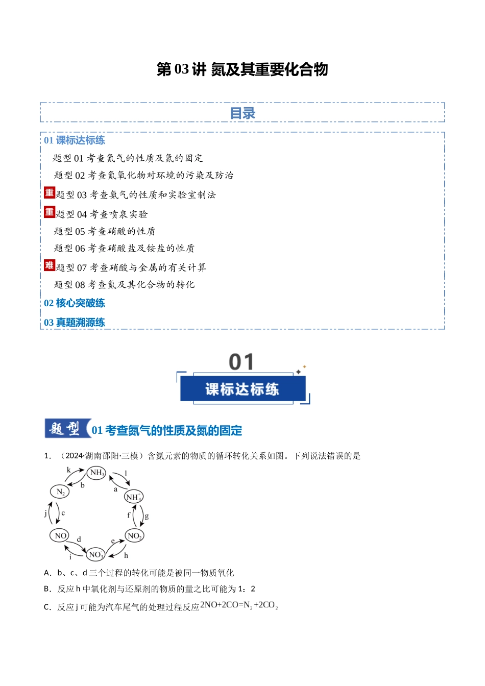 第03讲 氮及其重要化合物(专项训练)(湖南专用)(教师版).docx_第1页