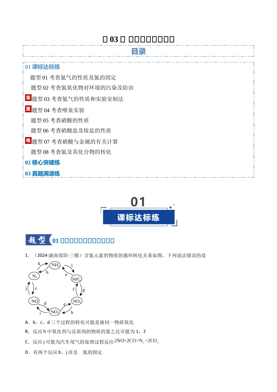 第03讲 氮及其重要化合物(专项训练)(湖南专用)(学生版).docx_第1页