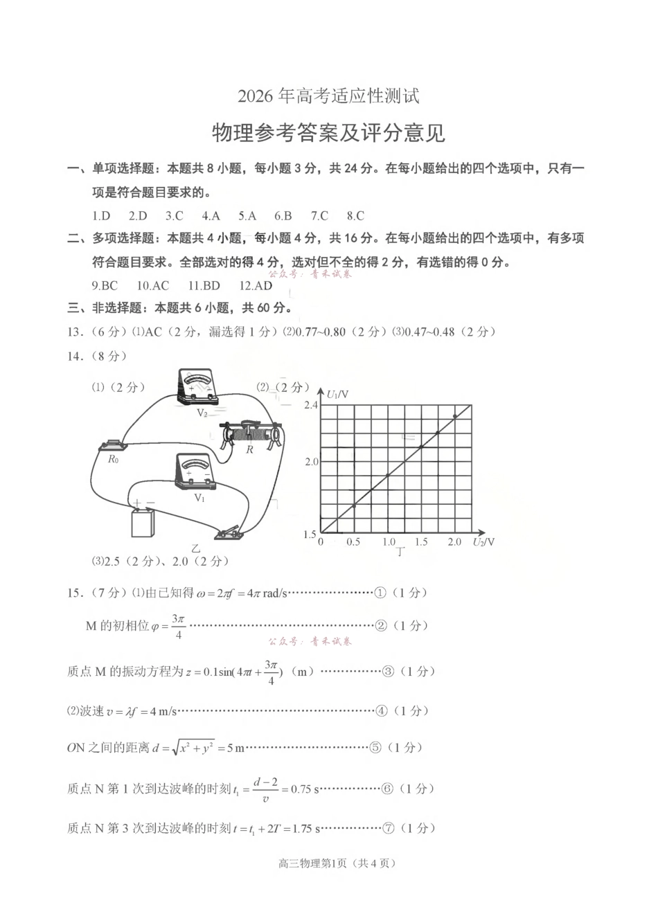 2026年高考适应性测试物理答案.pdf_第1页