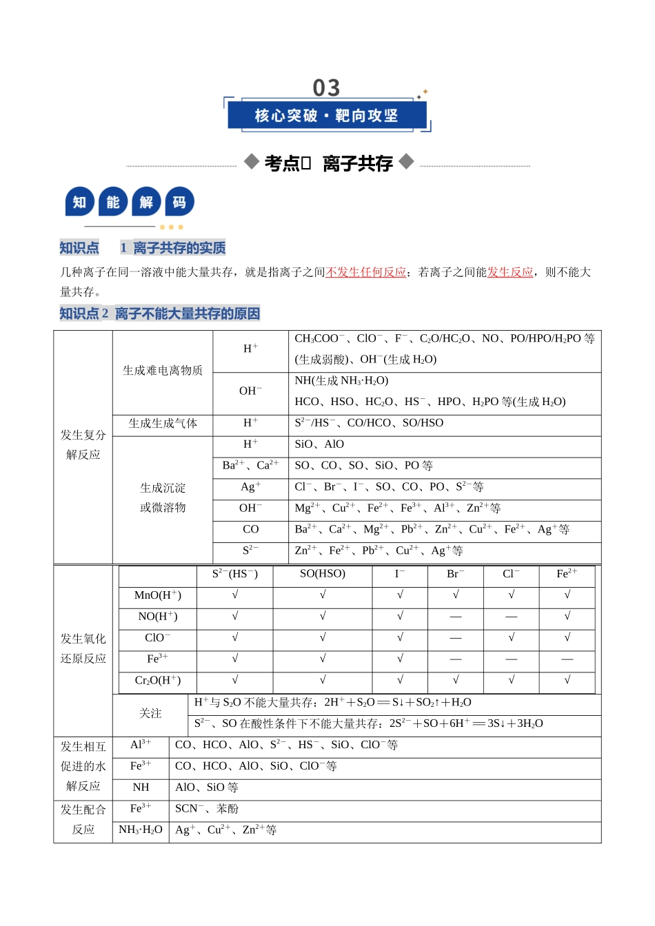 第03讲 离子共存、离子的检验与推断(复习讲义)(安徽专用)(教师版).docx_第3页