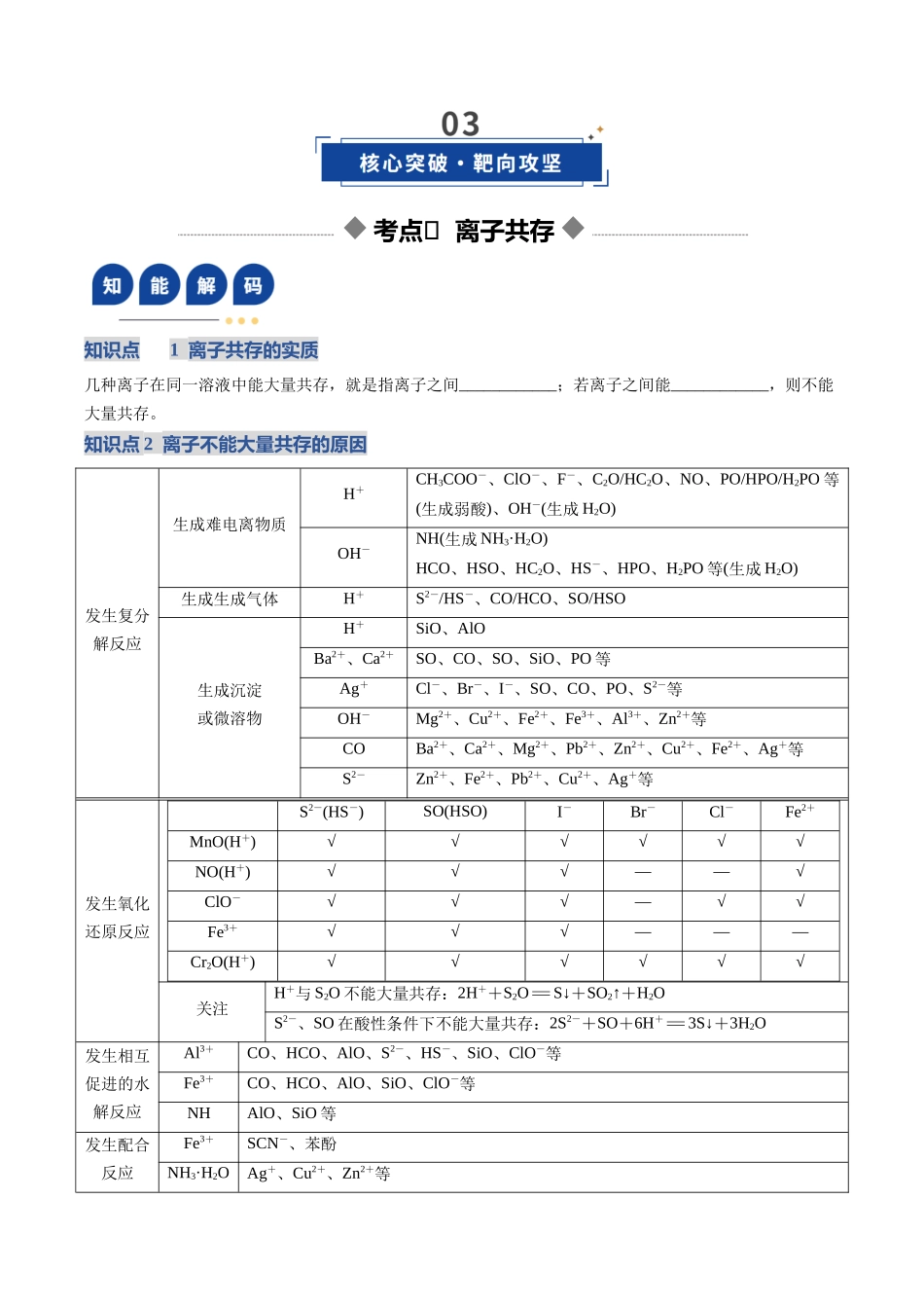 第03讲 离子共存、离子的检验与推断(复习讲义)(安徽专用)(学生版).docx_第3页