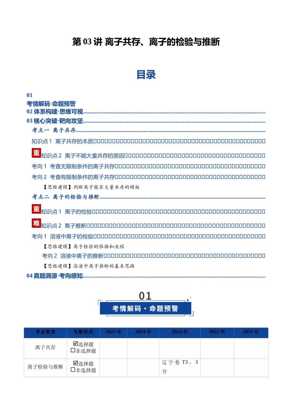 第03讲 离子共存、离子的检验与推断(复习讲义)(黑吉辽蒙专用)(学生版).docx_第1页