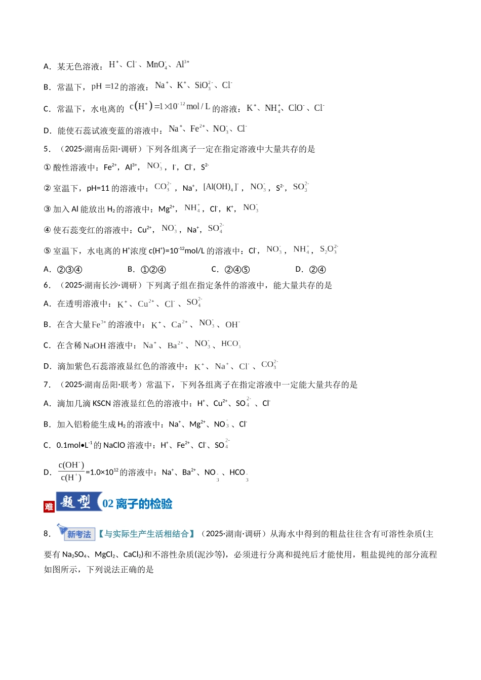 第03讲 离子共存、离子的检验与推断(专项训练)(湖南专用)(学生版).docx_第2页