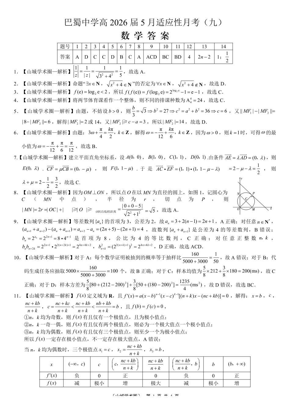 巴蜀中学高2026届5月适应性月考（九）数学答案.pdf_第1页