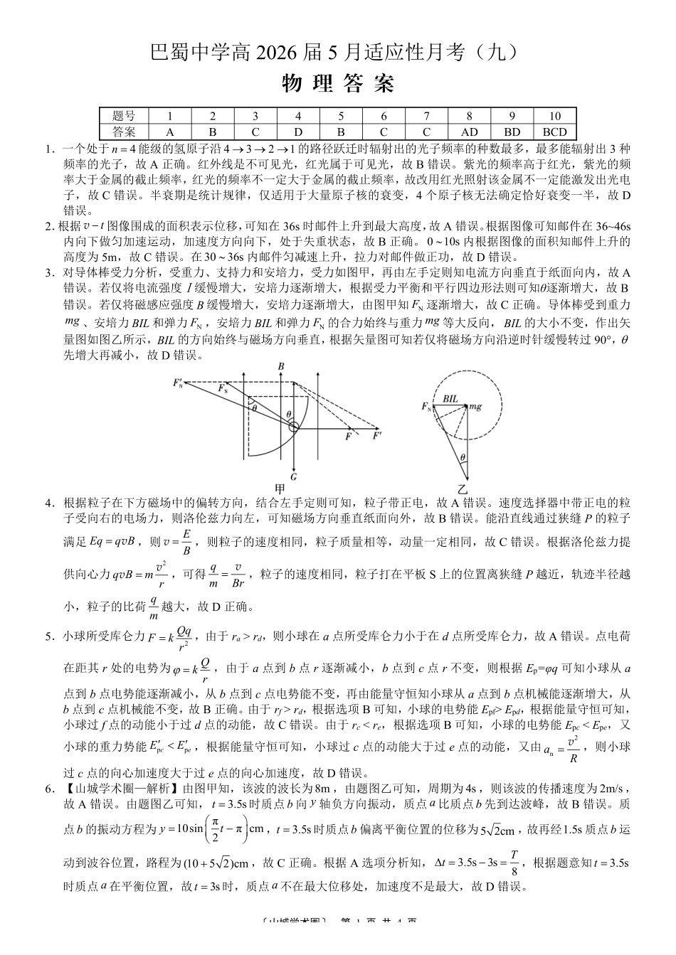 巴蜀中学高2026届5月适应性月考(九)物理答案.pdf_第1页