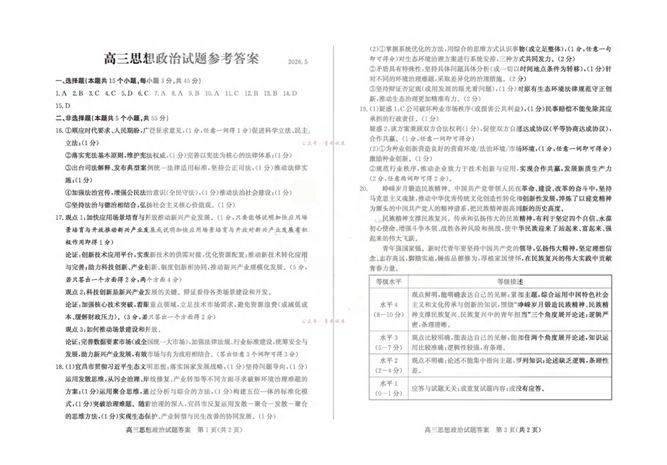 滨州市2026年高三下学期二模考试政治答案.pdf_第1页