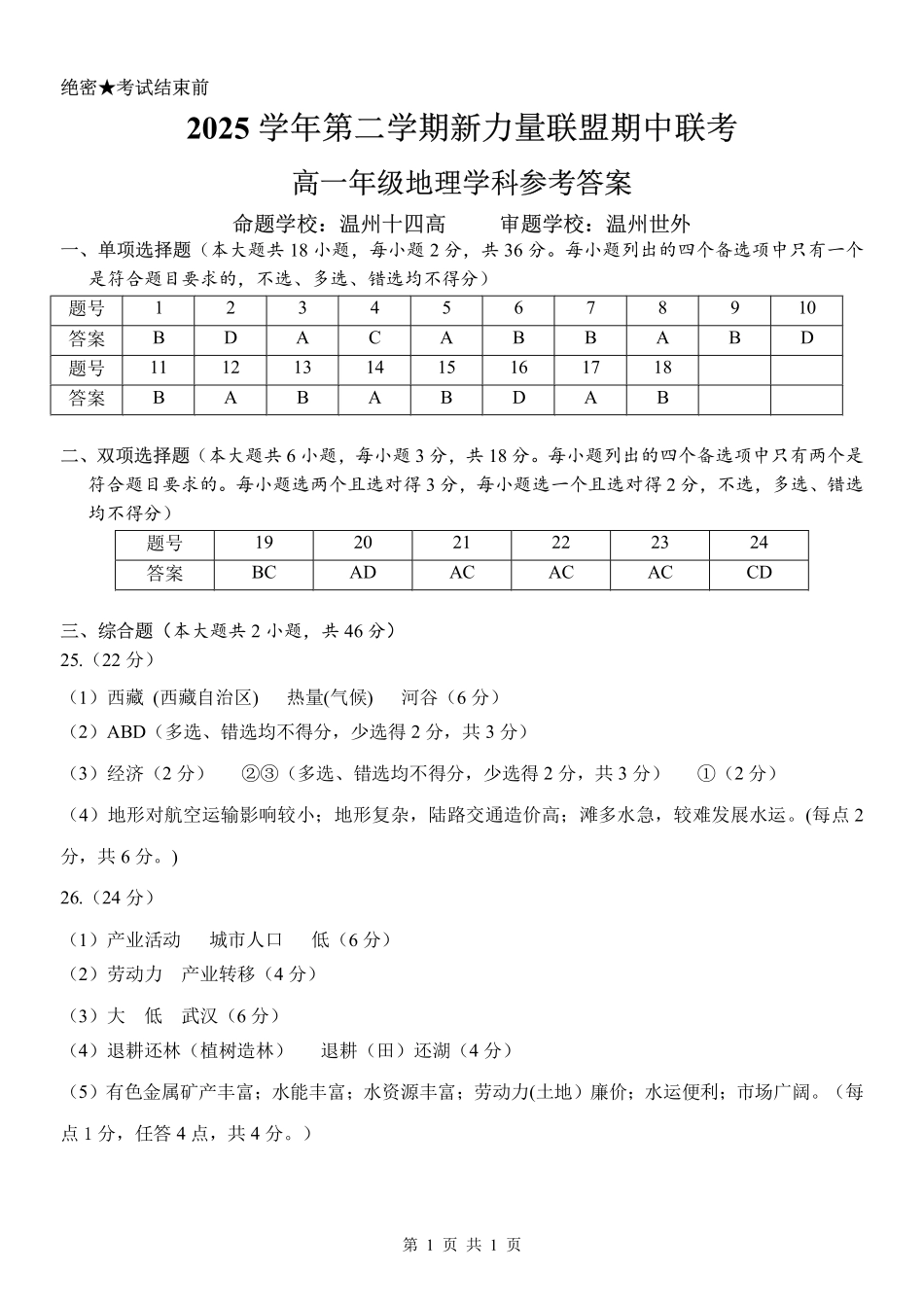 地理浙江温州市2025学年第二学期温州新力量联盟高一年级期中联考(4.22-4.24)(1).pdf_第1页