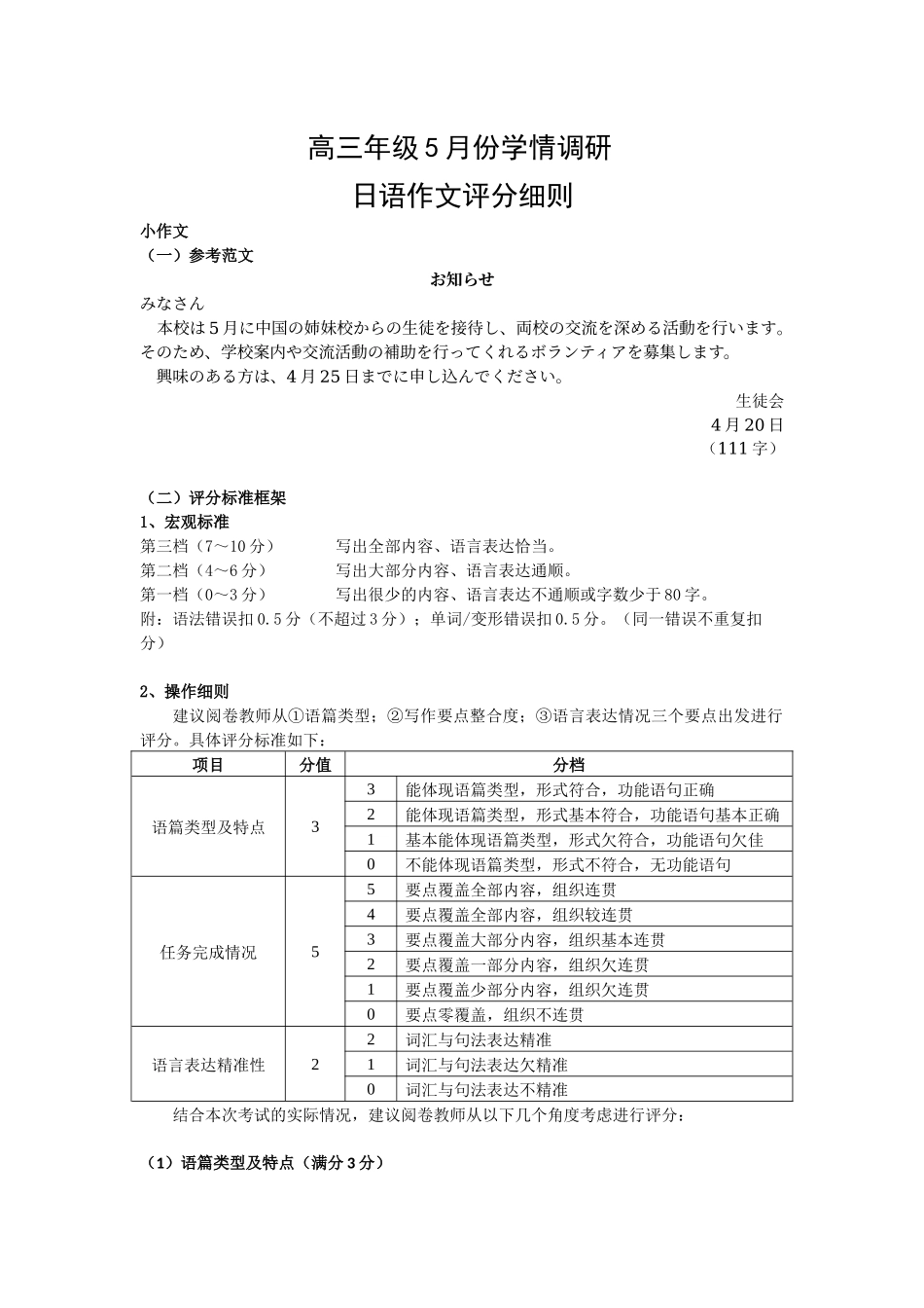 高三年级5月份学情调研日语作文评分细则.docx_第1页