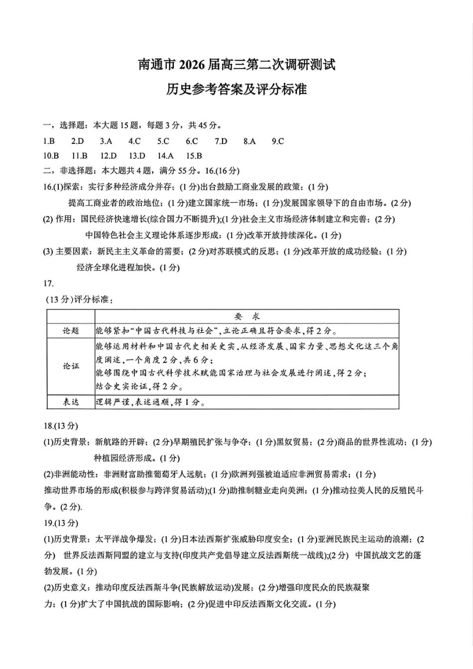 历史官方参考答案江苏南通、徐州、扬州、连云港、淮安、台州、宿迁苏北七市2026届高三年级第三次调研测试(南通苏北七市高三二模)(5.6-5.8).pdf_第1页