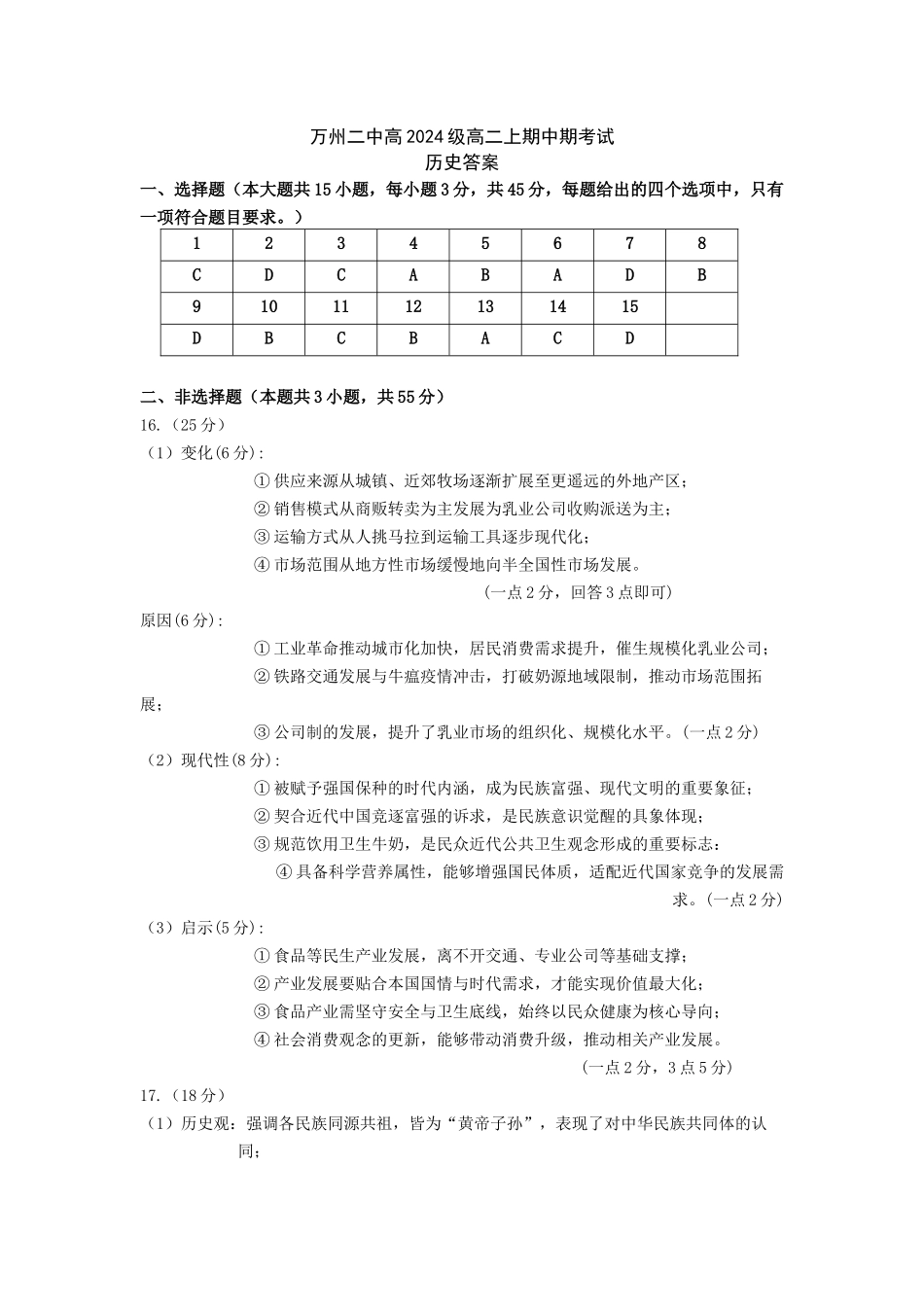 历史重庆市万州二中高2024级(2027届)高二年级下学期期中考试（4月下旬）(1).docx_第1页
