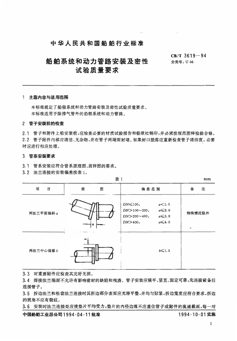 CBT 3619-1994 船舶系统和动力管路安装及密性试验质量要求.pdf_第1页