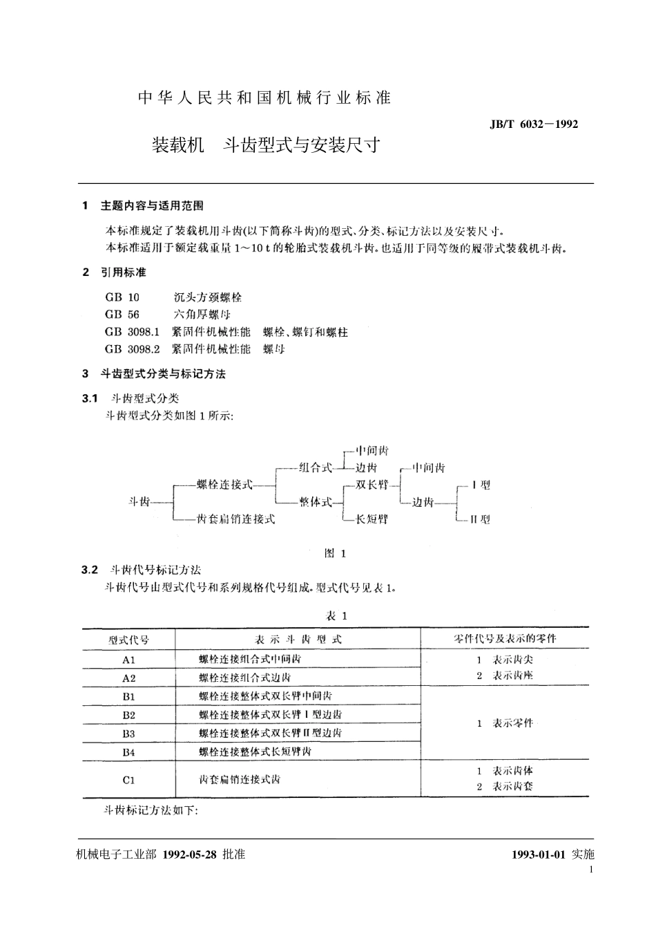 JBT 6032-1992 装载机 斗齿型式与安装尺寸.pdf_第2页