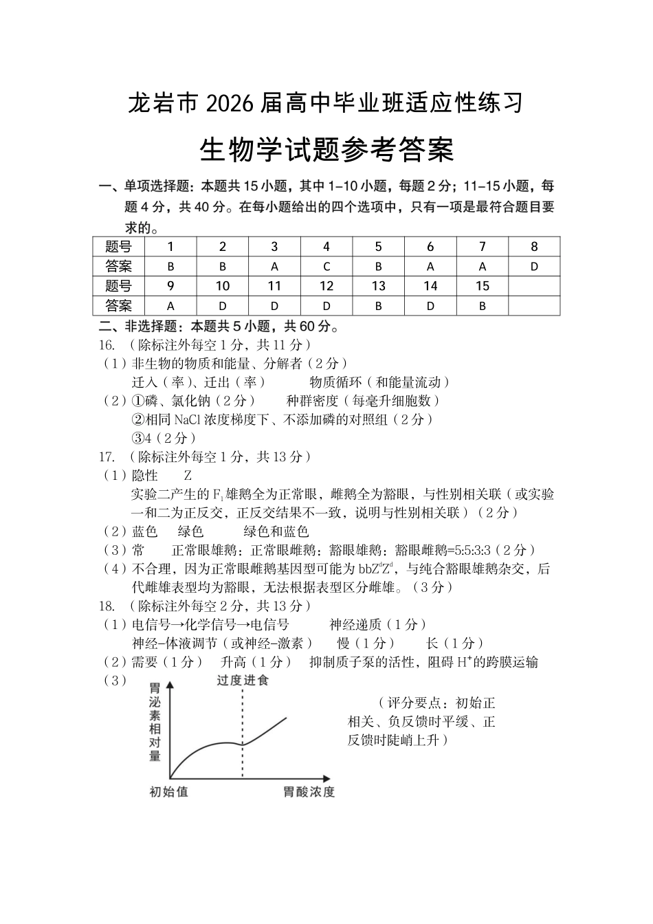 生物福建龙岩市2026届高中毕业班高三年级适应性练习(龙岩高三三检)(5.7-5.9)(1).pdf_第1页