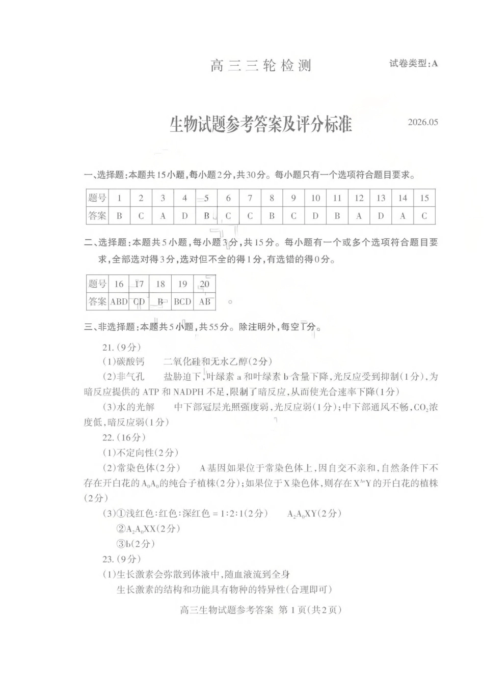生物山东泰安市2026年5月高三年级三轮检测（泰安高三三模）（5.7-5.9）(1).pdf_第1页