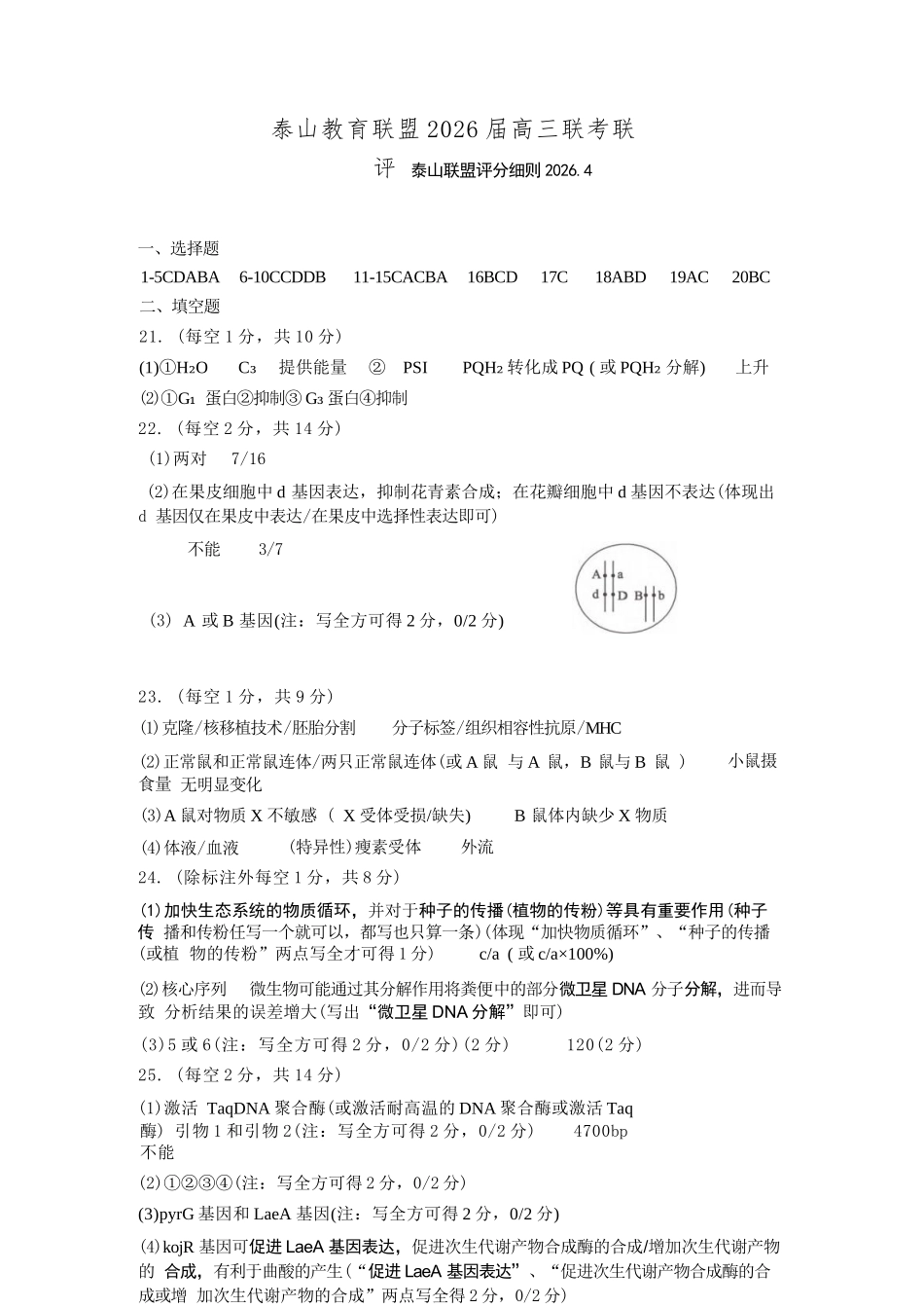 生物山东泰山教育联盟2026届高三年级4月考试模拟(4.28-4.29)(1).docx_第1页