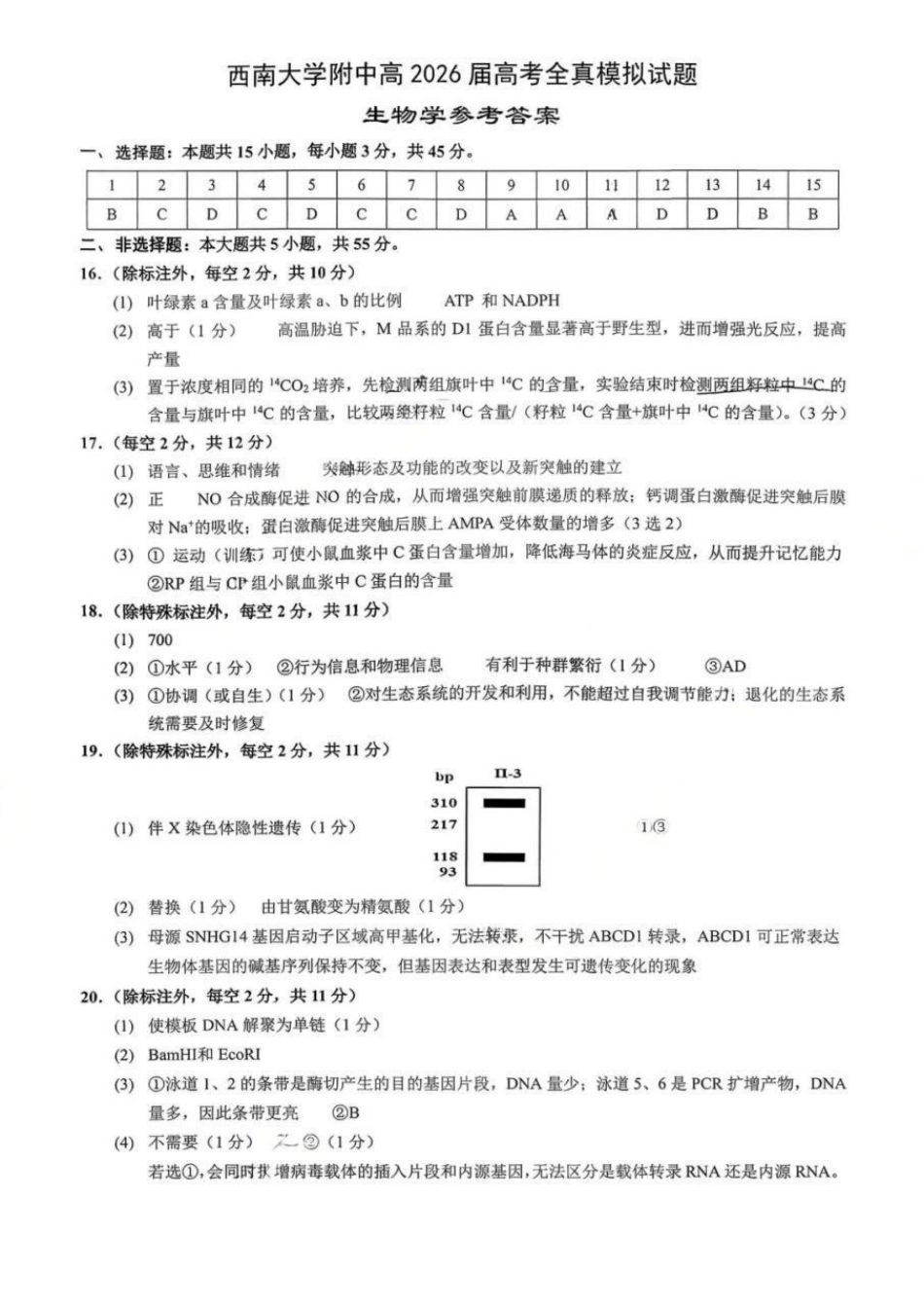 生物重庆市西南大学附中高2026届高三年级5月高考全真模拟考试试题(5.1-5.3)(1).pdf_第1页