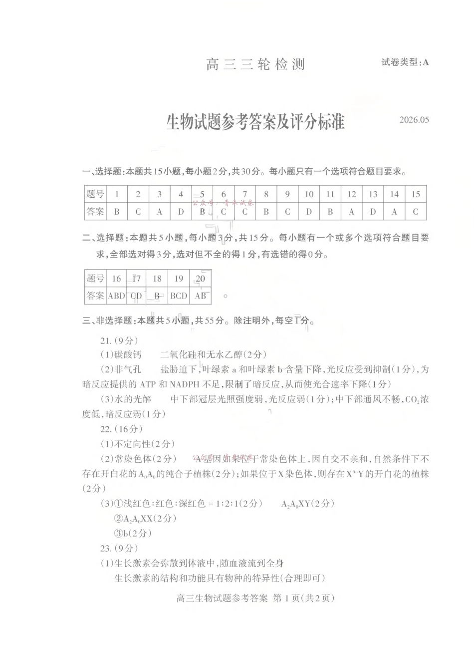 泰安市2026年5月高三三轮检测生物答案.pdf_第1页
