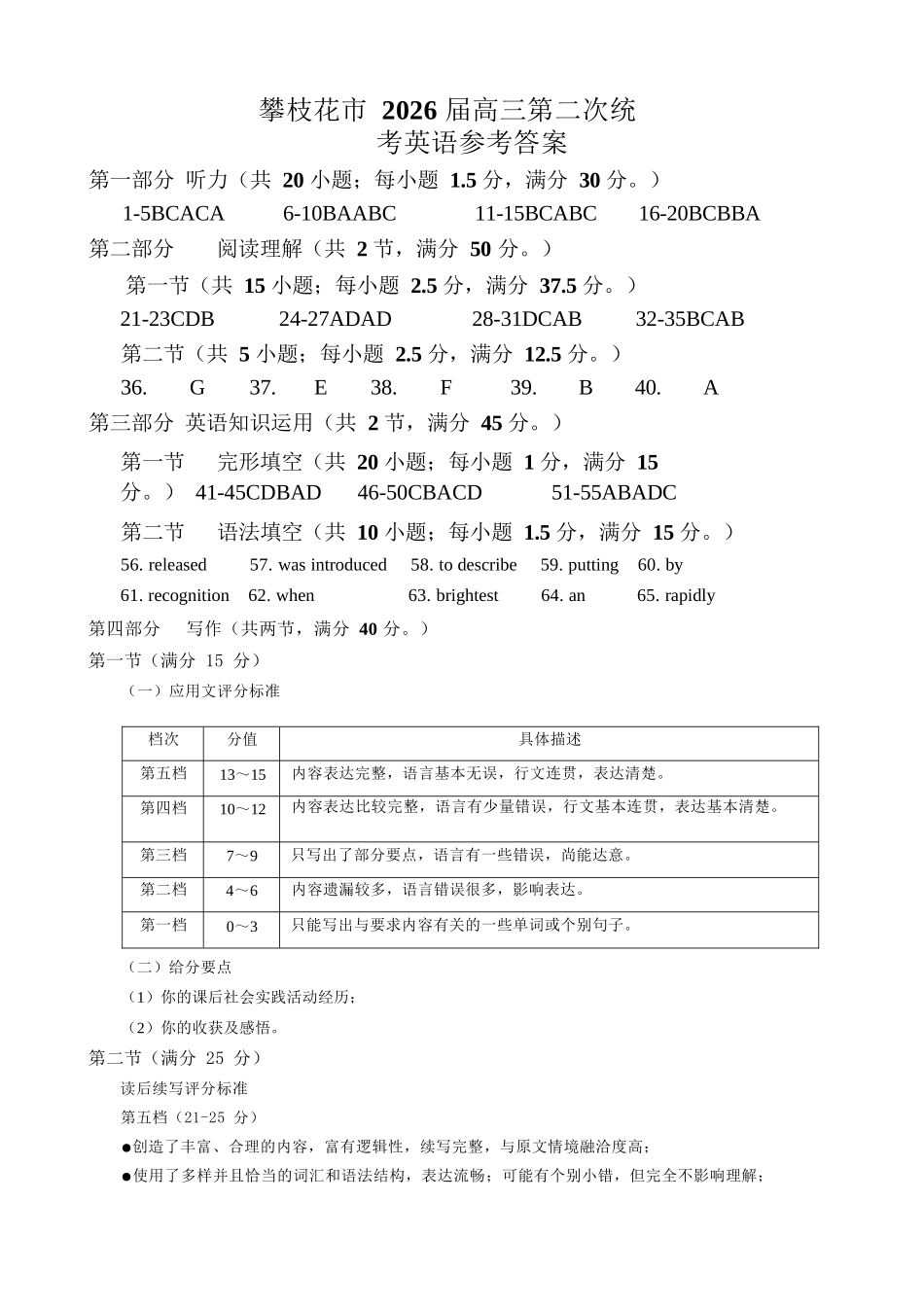 英语四川攀枝花市2026届高三年级第二次统一考试(攀枝花高三二统)（4.20-4.22）(1).docx_第1页