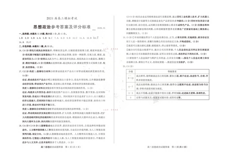 枣庄市2026届高三模拟考试政治答案.pdf_第1页