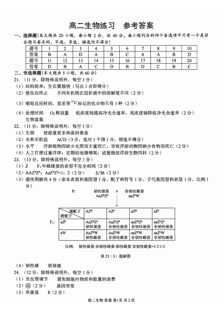 浙南名校联盟高二生物答案.pdf_第1页
