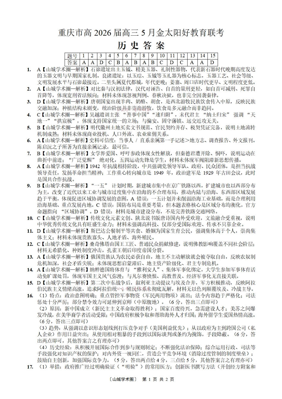 重庆好教育联盟2026届高三下学期5月联考历史答案.pdf_第1页