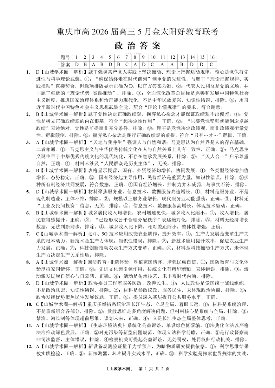 重庆好教育联盟2026届高三下学期5月联考政治答案.pdf_第1页