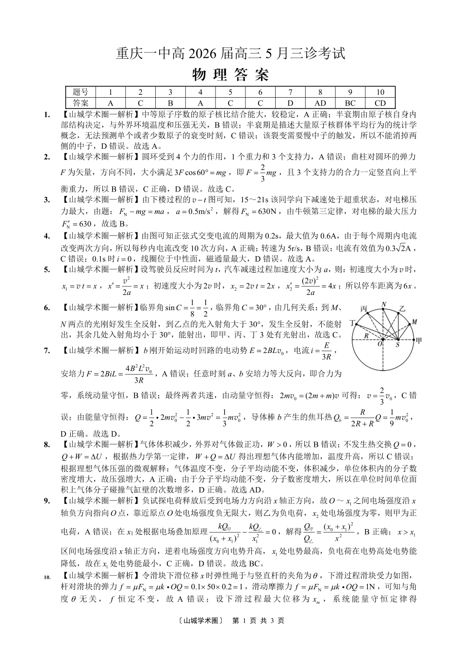 重庆一中高2026届高三5月三诊考试物理答案.pdf_第1页