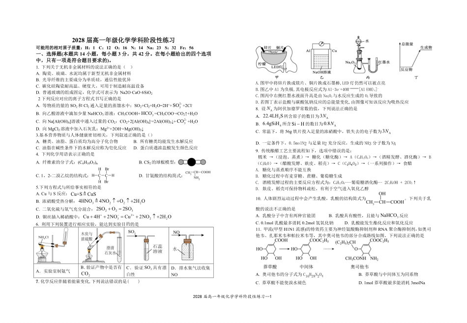 2028届高一年级化学学科阶段性练习.pdf_第1页
