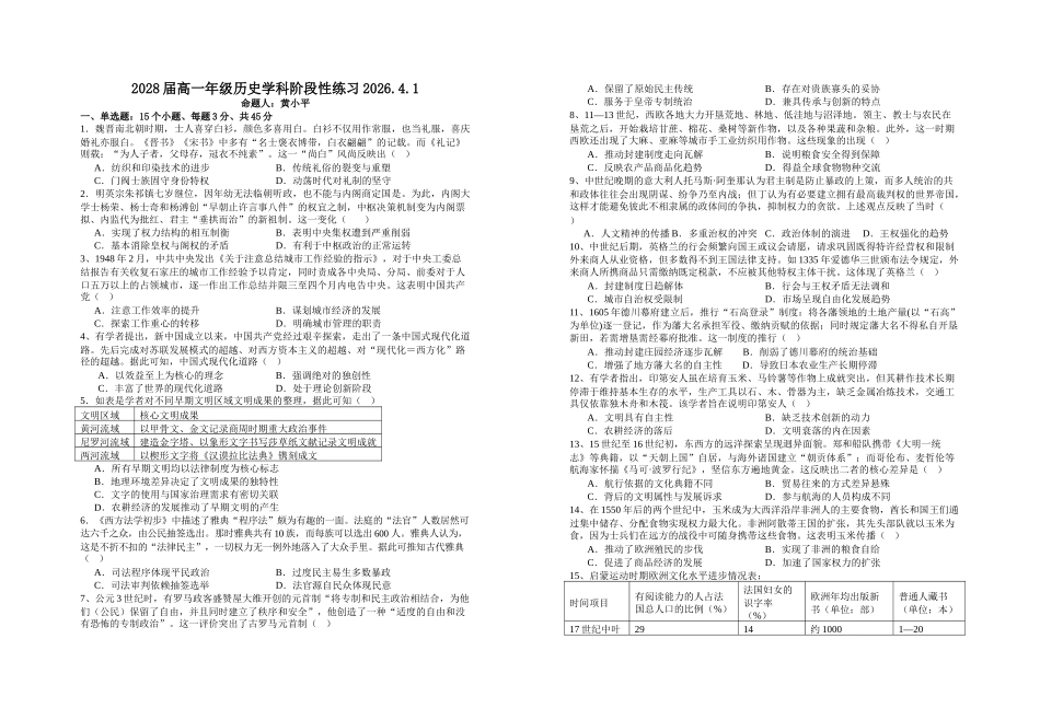 2028届高一年级历史学科阶段性练习2026.4.1.doc_第1页