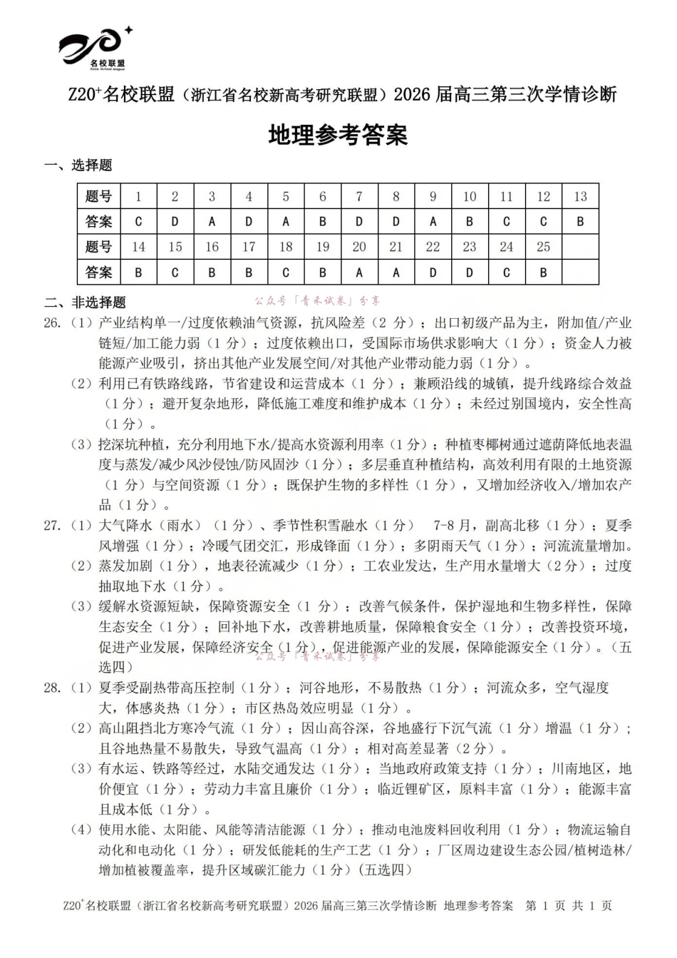 Z20名校联盟(浙江名校新高考研究联盟)2026届高三第三次学情诊断地理答案.pdf_第1页