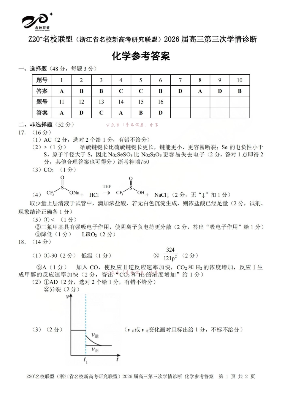 Z20名校联盟(浙江名校新高考研究联盟)2026届高三第三次学情诊断化学答案.pdf_第1页