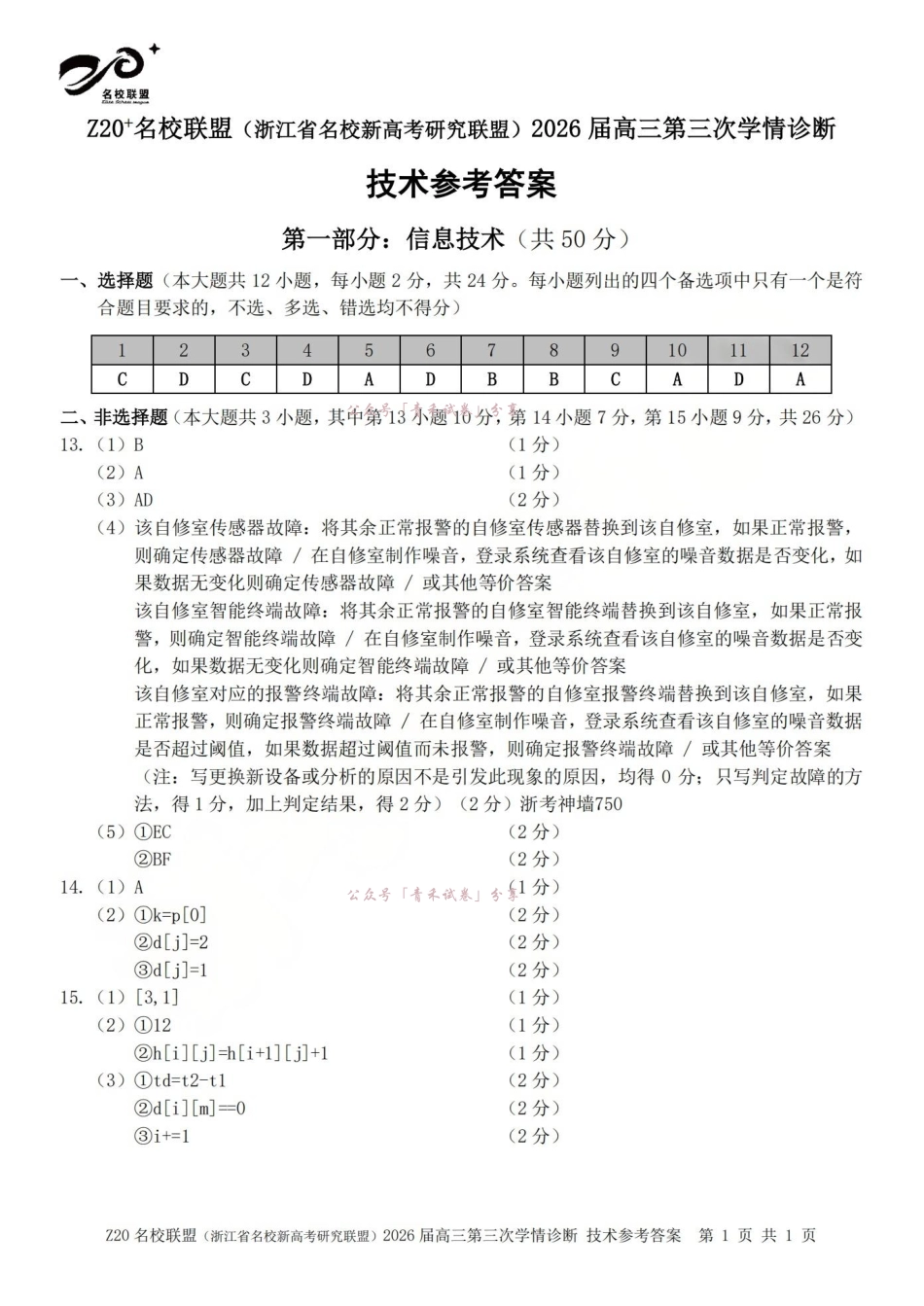 Z20名校联盟(浙江名校新高考研究联盟)2026届高三第三次学情诊断技术答案.pdf_第1页